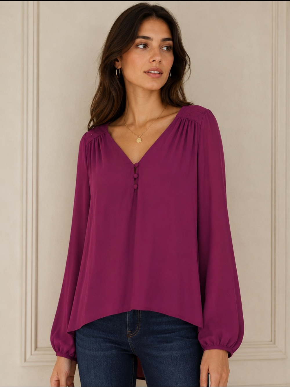 Lost April Women's Long Sleeve Blouse in Magenta W/Beaded Detail Size-Medium